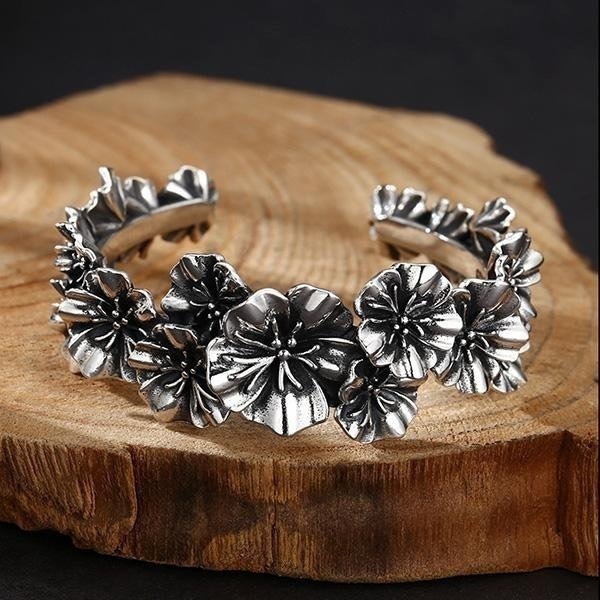 《 QBOX 》FASHION 飾品【BST1030273】精致個性復古繁花似錦花朵開口S925純銀手鐲/泰銀手環-細節圖3