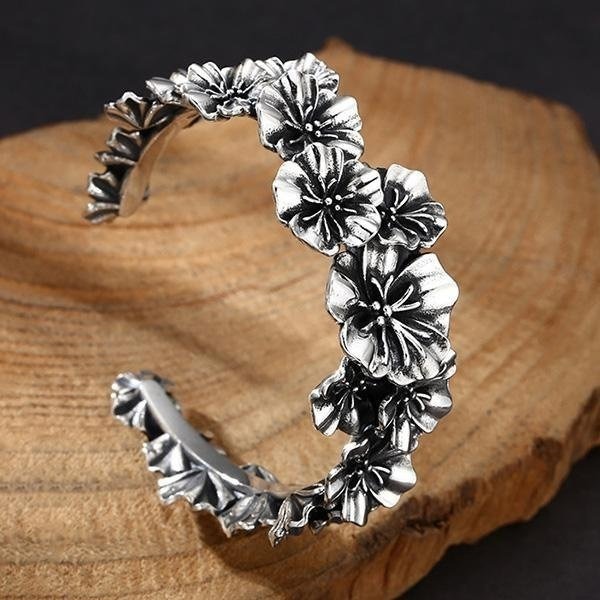 《 QBOX 》FASHION 飾品【BST1030273】精致個性復古繁花似錦花朵開口S925純銀手鐲/泰銀手環-細節圖4