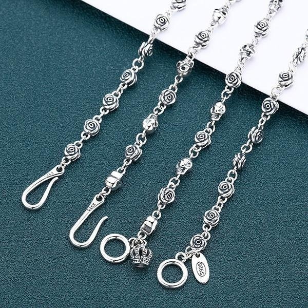 《 QBOX 》FASHION 飾品【TSN25625428】精緻個性復古骷顱頭玫瑰花誓約扣環S925純銀項鍊-細節圖5