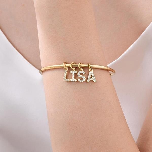 《 QBOX 》FASHION 飾品【GB-108】 精緻個性金色鋯石訂製字母DIY鈦鋼手鐲/手環-細節圖9