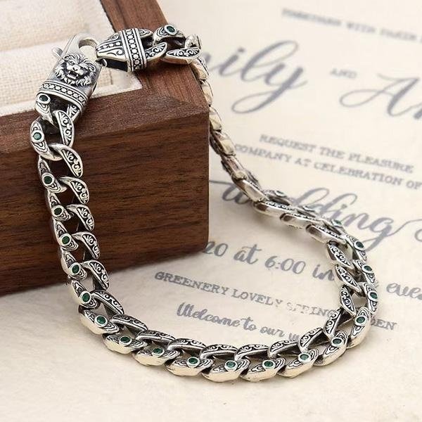 《QBOX 》FASHION 飾品【TSB25623272】精緻個性復古獅首雕花鑲鑽扣環S925純銀手鍊/手環-細節圖3