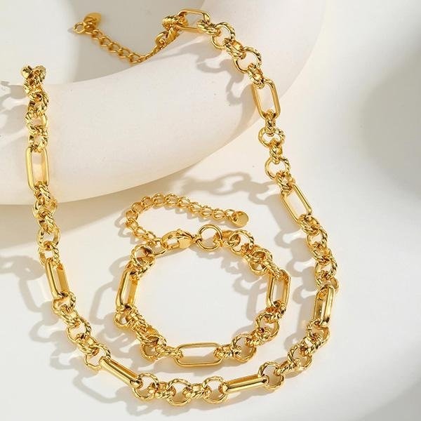 《 QBOX 》FASHION 飾品【GBR-2525】 精緻個性女款奢金刻紋圓環拼接鈦鋼手鍊/項鍊(套組)-細節圖4