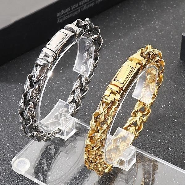 《QBOX 》FASHION 飾品【BK186918】 個性龐克風粗曠扭打紋路編織環扣鑄造鈦鋼手鍊/手環-細節圖5