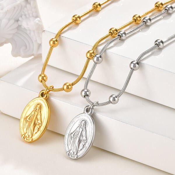 《 QBOX 》FASHION 飾品【GNC-2095】 精緻個性宗教浮雕聖母瑪利亞橢圓牌鈦鋼墬子項鍊/蛇骨鍊-細節圖4