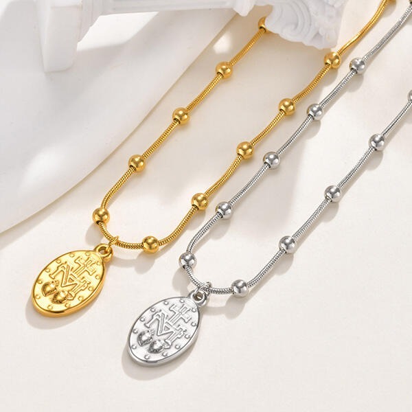 《 QBOX 》FASHION 飾品【GNC-2095】 精緻個性宗教浮雕聖母瑪利亞橢圓牌鈦鋼墬子項鍊/蛇骨鍊-細節圖5