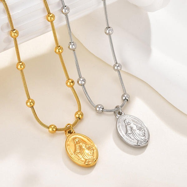 《 QBOX 》FASHION 飾品【GNC-2095】 精緻個性宗教浮雕聖母瑪利亞橢圓牌鈦鋼墬子項鍊/蛇骨鍊-細節圖6