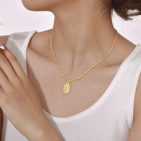 《 QBOX 》FASHION 飾品【GNC-2095】 精緻個性宗教浮雕聖母瑪利亞橢圓牌鈦鋼墬子項鍊/蛇骨鍊-細節圖7