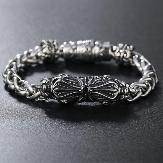 《 QBOX 》FASHION 飾品【B10023961】精緻個性歐美雙獅頭十字架黑鋯石鑄造鈦鋼手鍊/手環-細節圖3