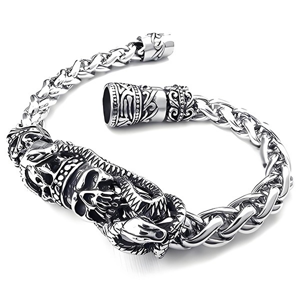 《QBOX 》FASHION 飾品【B10023969】精緻個性龐克風暗骸骷髏頭纏蛇鑄造鈦鋼手鍊/手環-細節圖3