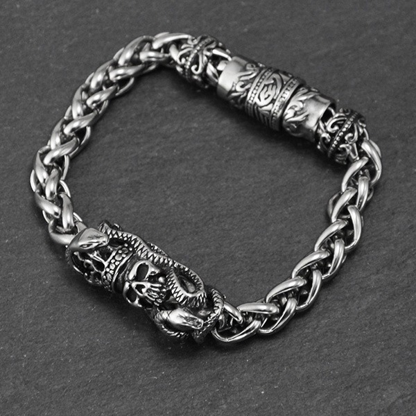 《QBOX 》FASHION 飾品【B10023969】精緻個性龐克風暗骸骷髏頭纏蛇鑄造鈦鋼手鍊/手環-細節圖4