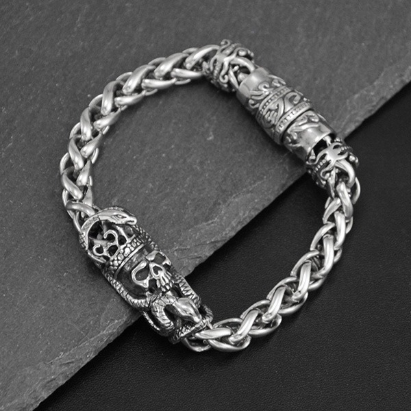 《QBOX 》FASHION 飾品【B10023969】精緻個性龐克風暗骸骷髏頭纏蛇鑄造鈦鋼手鍊/手環-細節圖5