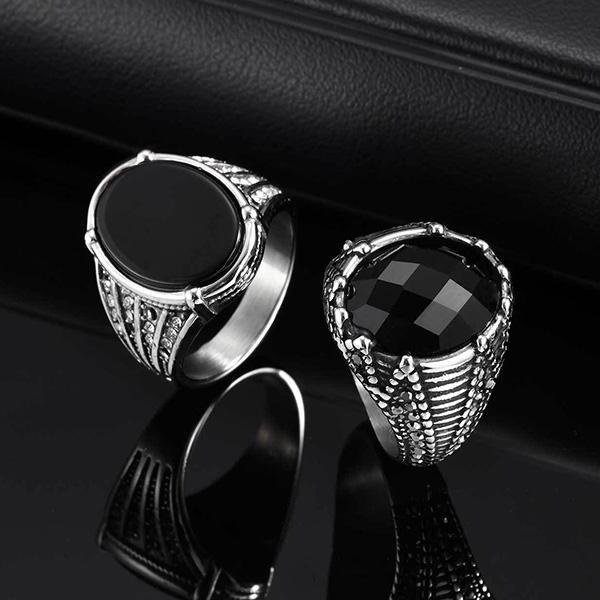 《 QBOX 》FASHION 飾品【GRC-840】精緻個性復古雕花橢圓形黑寶石鈦鋼戒指/戒環(二款)-細節圖4