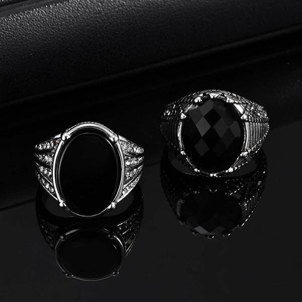 《 QBOX 》FASHION 飾品【GRC-840】精緻個性復古雕花橢圓形黑寶石鈦鋼戒指/戒環(二款)-細節圖5