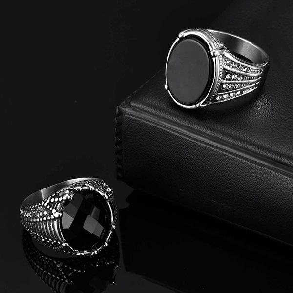 《 QBOX 》FASHION 飾品【GRC-840】精緻個性復古雕花橢圓形黑寶石鈦鋼戒指/戒環(二款)-細節圖6