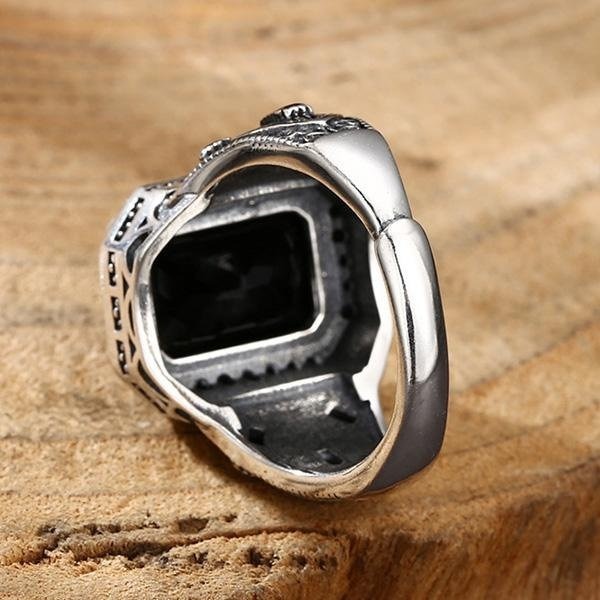 《 QBOX 》FASHION 飾品【TSR561094】精緻個性復古雕花方形黑瑪瑙皇者S925純銀戒指/開口戒指-細節圖6