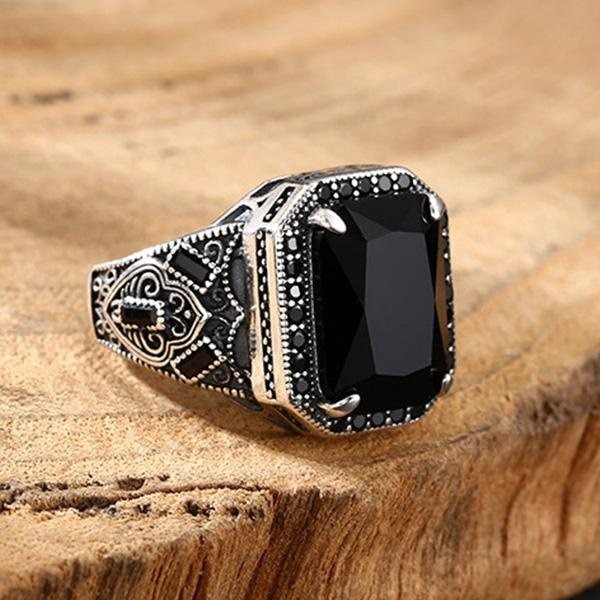 《 QBOX 》FASHION 飾品【TSR561094】精緻個性復古雕花方形黑瑪瑙皇者S925純銀戒指/開口戒指-細節圖7