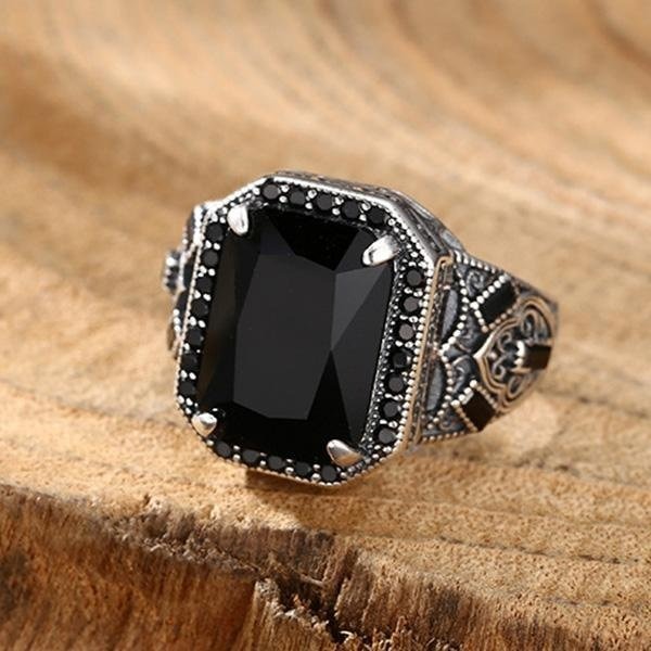 《 QBOX 》FASHION 飾品【TSR561094】精緻個性復古雕花方形黑瑪瑙皇者S925純銀戒指/開口戒指-細節圖8