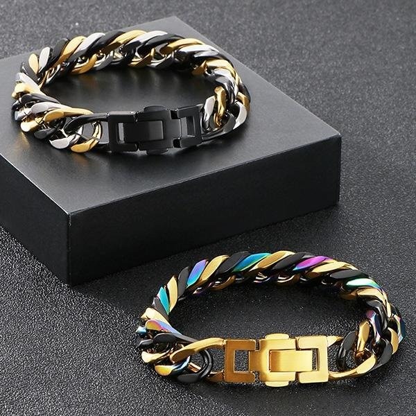 《QBOX 》FASHION 飾品【BK92959】 個性粗曠混色拼接四面平磨環扣鑄造鈦鋼手鍊/手環(二色)-細節圖3