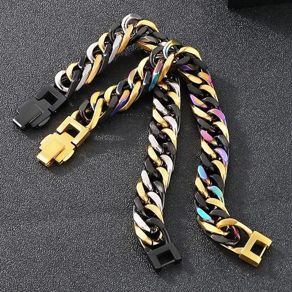 《QBOX 》FASHION 飾品【BK92959】 個性粗曠混色拼接四面平磨環扣鑄造鈦鋼手鍊/手環(二色)-細節圖4