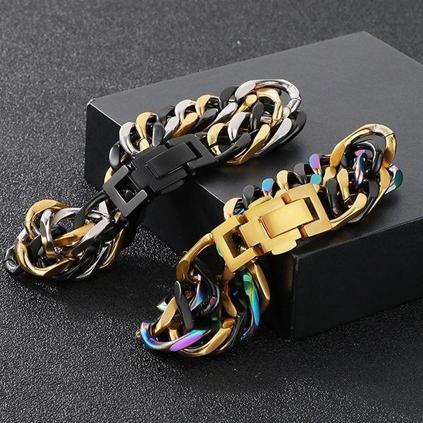 《QBOX 》FASHION 飾品【BK92959】 個性粗曠混色拼接四面平磨環扣鑄造鈦鋼手鍊/手環(二色)-細節圖5