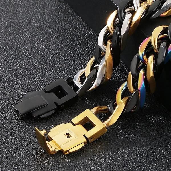 《QBOX 》FASHION 飾品【BK92959】 個性粗曠混色拼接四面平磨環扣鑄造鈦鋼手鍊/手環(二色)-細節圖7