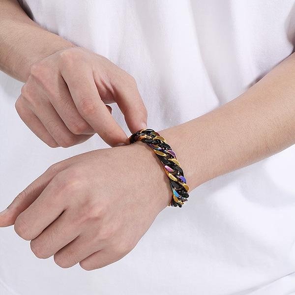 《QBOX 》FASHION 飾品【BK92959】 個性粗曠混色拼接四面平磨環扣鑄造鈦鋼手鍊/手環(二色)-細節圖9