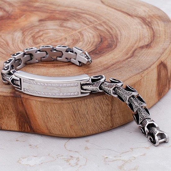 《 QBOX 》FASHION 飾品【BK105168】 精緻個性復古龍骨長方彎牌鑲鋯石鑄造鈦鋼手鍊/手環-細節圖4