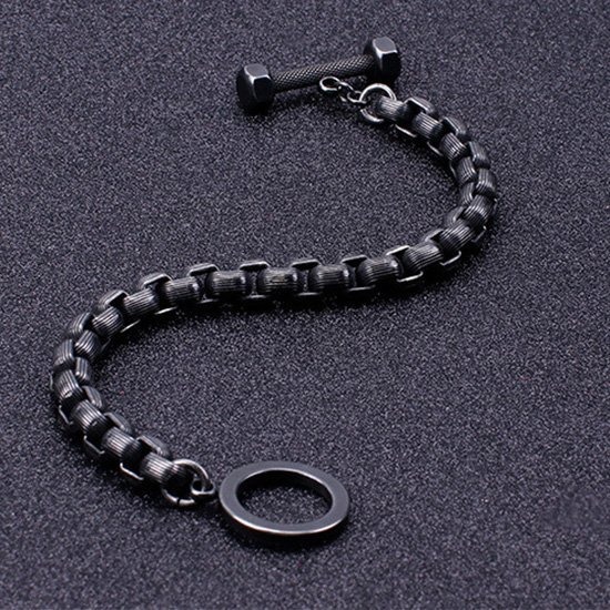 《 QBOX 》FASHION 飾品【BK110097】 精緻個性歐美復古黑健身啞鈴環扣鑄造鈦鋼手鍊/手環-細節圖5