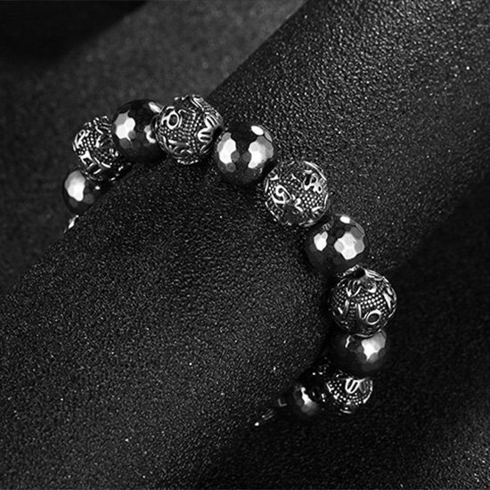 《QBOX 》FASHION 飾品【BK119653】 精緻個性復古佛珠六字真言赤鐵石鑄造鈦鋼手鍊/手環-細節圖4