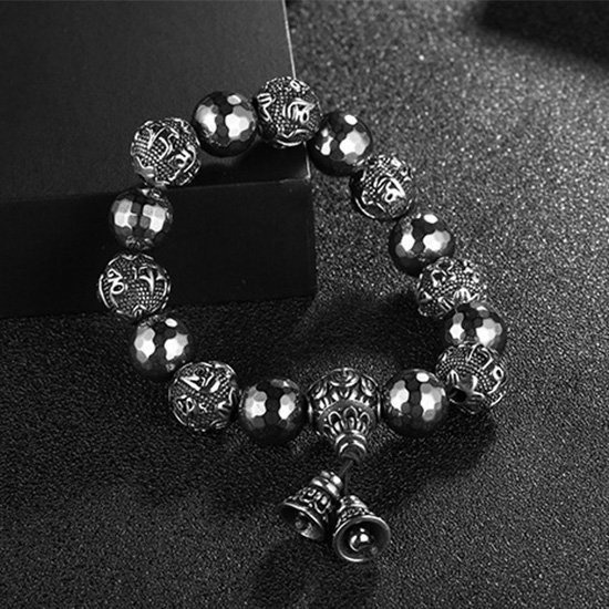 《QBOX 》FASHION 飾品【BK119653】 精緻個性復古佛珠六字真言赤鐵石鑄造鈦鋼手鍊/手環-細節圖5