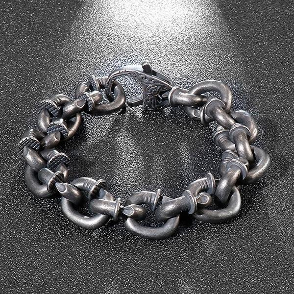 《QBOX 》FASHION 飾品【BK126373】 個性精工復古釘子彎鉤設計雕花環扣鑄造鈦鋼手鍊/手環-細節圖5