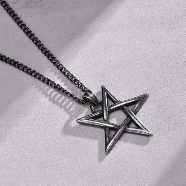 《 QBOX 》FASHION 飾品【GPN-1368】精緻個性復古灰色五芒星鑄造鈦鋼墬子項鍊-細節圖4