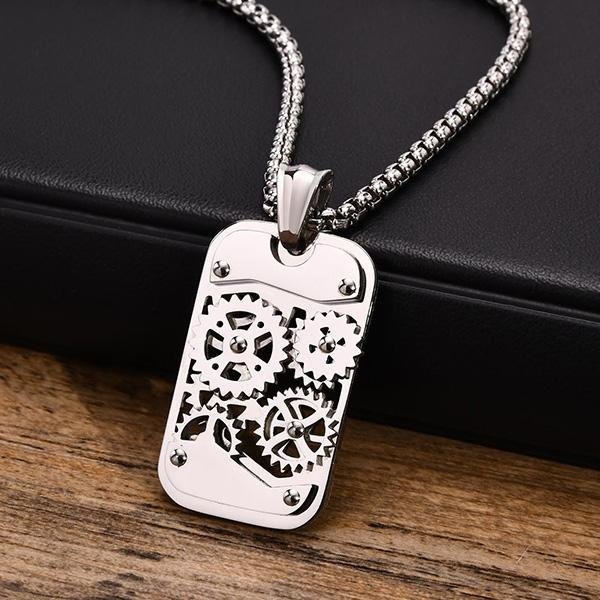 《 QBOX 》FASHION 飾品【GPN-362】精緻個性龐克風機械齒輪軍牌鈦鋼墬子項鍊/掛飾-細節圖3