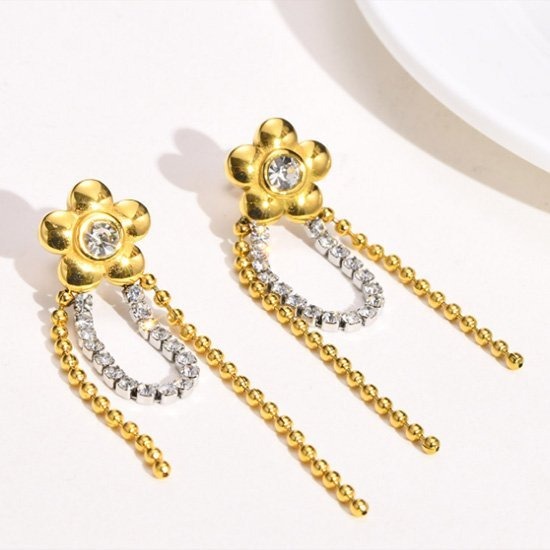 《 QBOX 》FASHION 飾品【EED-559】精緻個性金蕊星芒・流蘇鑽花垂墜鈦鋼針式耳環/耳飾-細節圖3