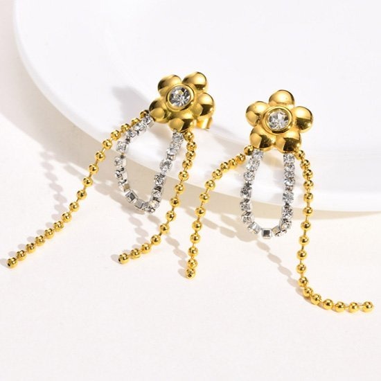 《 QBOX 》FASHION 飾品【EED-559】精緻個性金蕊星芒・流蘇鑽花垂墜鈦鋼針式耳環/耳飾-細節圖4