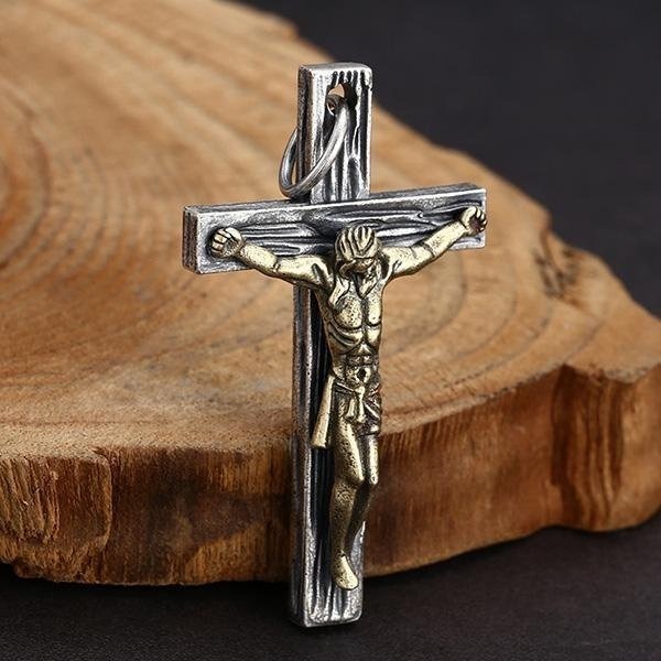 《 QBOX 》FASHION 飾品【TBC565229】精緻個性復古信仰之光雙色耶穌十字架S925純銀墬子項鍊/掛飾-細節圖4