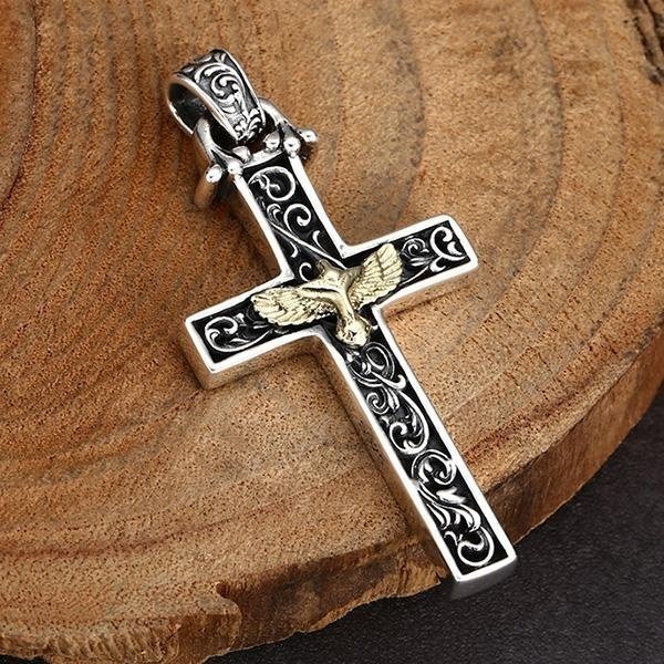《 QBOX 》FASHION 飾品【TBC565140】精緻個性復古老鷹雕花十字架S925純銀墬子項鍊/掛飾-細節圖4