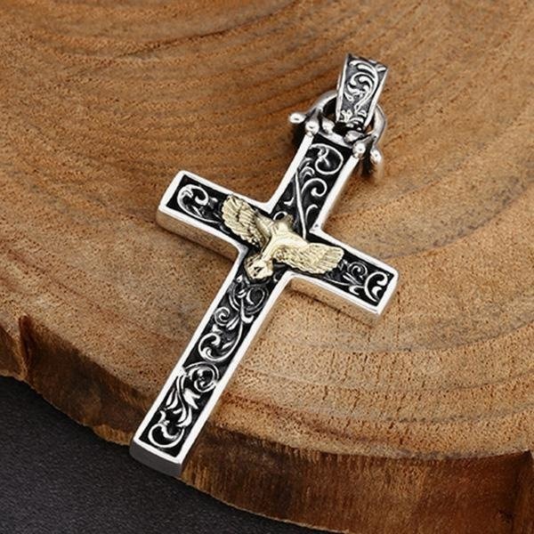 《 QBOX 》FASHION 飾品【TBC565140】精緻個性復古老鷹雕花十字架S925純銀墬子項鍊/掛飾-細節圖6