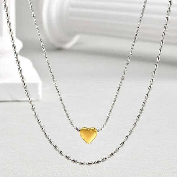 《 QBOX 》FASHION 飾品【GNC-2056】 精緻個性簡約百搭金色心形雙層疊戴鈦鋼項鍊/蛇骨鍊-細節圖3
