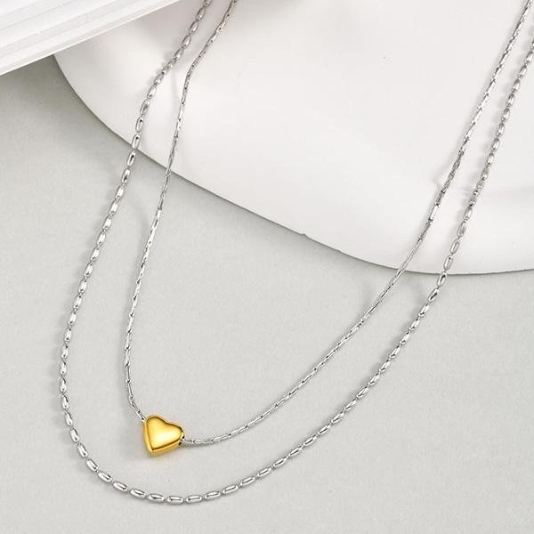 《 QBOX 》FASHION 飾品【GNC-2056】 精緻個性簡約百搭金色心形雙層疊戴鈦鋼項鍊/蛇骨鍊-細節圖4