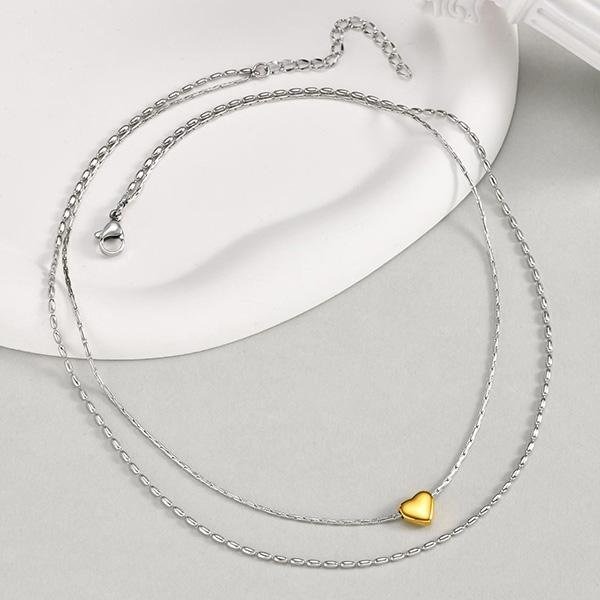 《 QBOX 》FASHION 飾品【GNC-2056】 精緻個性簡約百搭金色心形雙層疊戴鈦鋼項鍊/蛇骨鍊-細節圖5