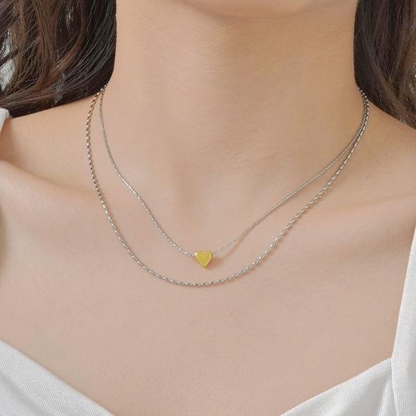 《 QBOX 》FASHION 飾品【GNC-2056】 精緻個性簡約百搭金色心形雙層疊戴鈦鋼項鍊/蛇骨鍊-細節圖6