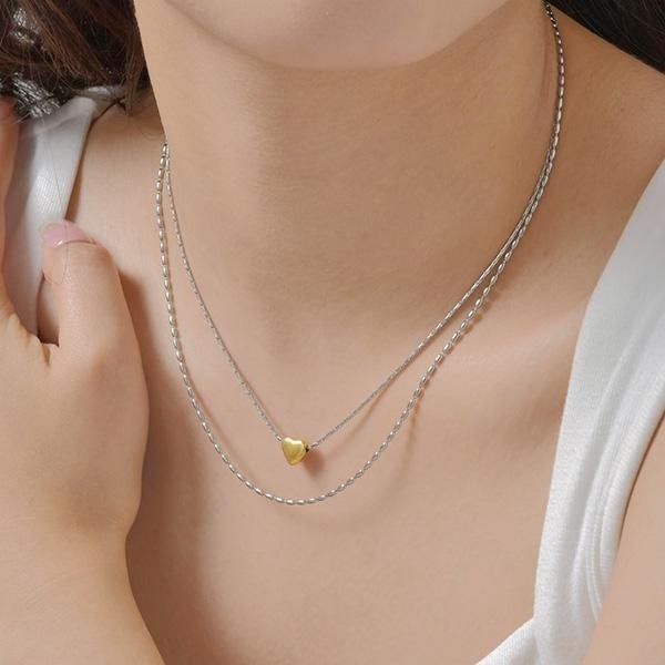 《 QBOX 》FASHION 飾品【GNC-2056】 精緻個性簡約百搭金色心形雙層疊戴鈦鋼項鍊/蛇骨鍊-細節圖7