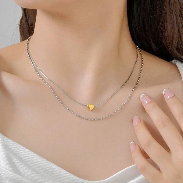 《 QBOX 》FASHION 飾品【GNC-2056】 精緻個性簡約百搭金色心形雙層疊戴鈦鋼項鍊/蛇骨鍊-細節圖8
