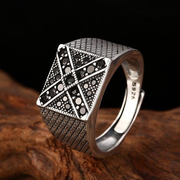 《 QBOX 》FASHION 飾品【TBR56372】精緻個性復古方形黑鑽交叉格紋S925純銀戒指/開口戒指-細節圖5