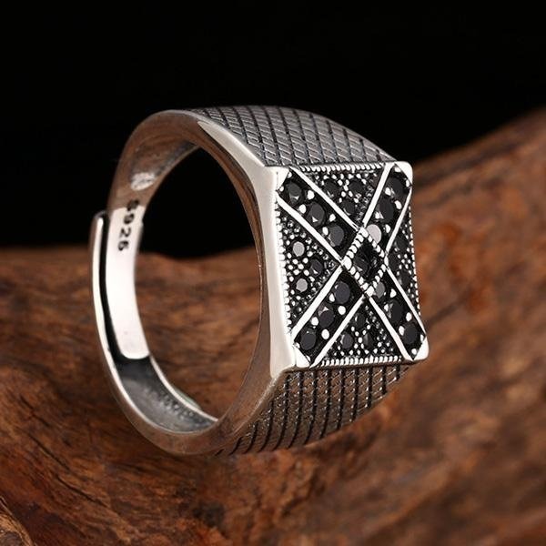 《 QBOX 》FASHION 飾品【TBR56372】精緻個性復古方形黑鑽交叉格紋S925純銀戒指/開口戒指-細節圖8