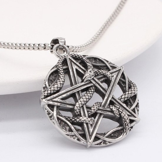 《QBOX 》FASHION 飾品【CBP8-712】精緻個性復古「蛇環星芒」五芒星蛇形鑄造鈦鋼墬子項鍊/掛飾-細節圖4