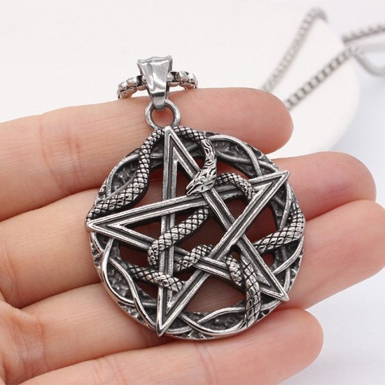 《QBOX 》FASHION 飾品【CBP8-712】精緻個性復古「蛇環星芒」五芒星蛇形鑄造鈦鋼墬子項鍊/掛飾-細節圖6