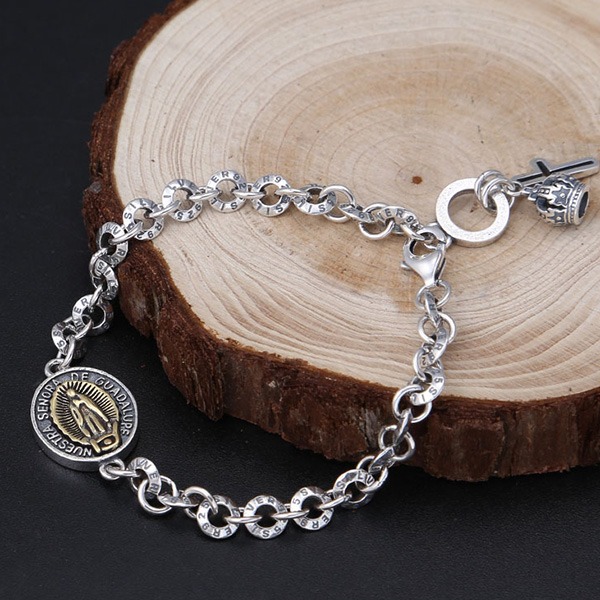 《 QBOX 》FASHION 飾品【B826S118】精致個性復古「聖蹤祈願」瓜達盧佩聖母圓牌十字架S925純銀手鍊-細節圖3