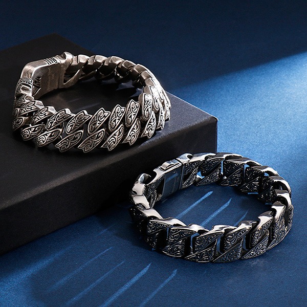《QBOX 》FASHION 飾品【BK128122】 個性龐克風粗曠北歐編織花紋環扣鑄造鈦鋼手鍊/手環-細節圖3